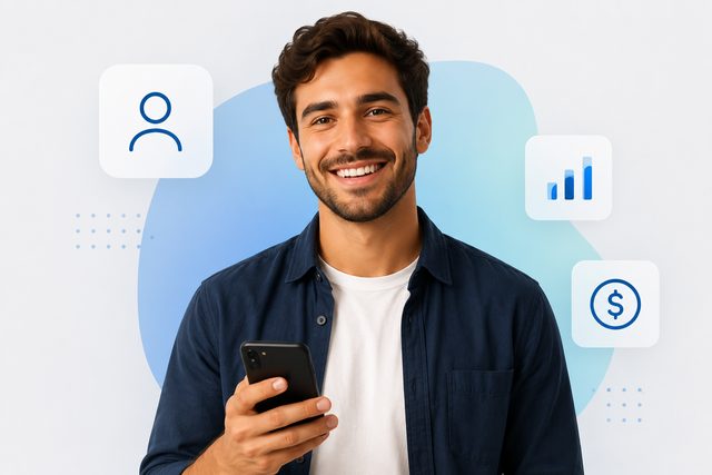 Homem sorridente segurando o celular, usando a conta digital Bridge Finance.